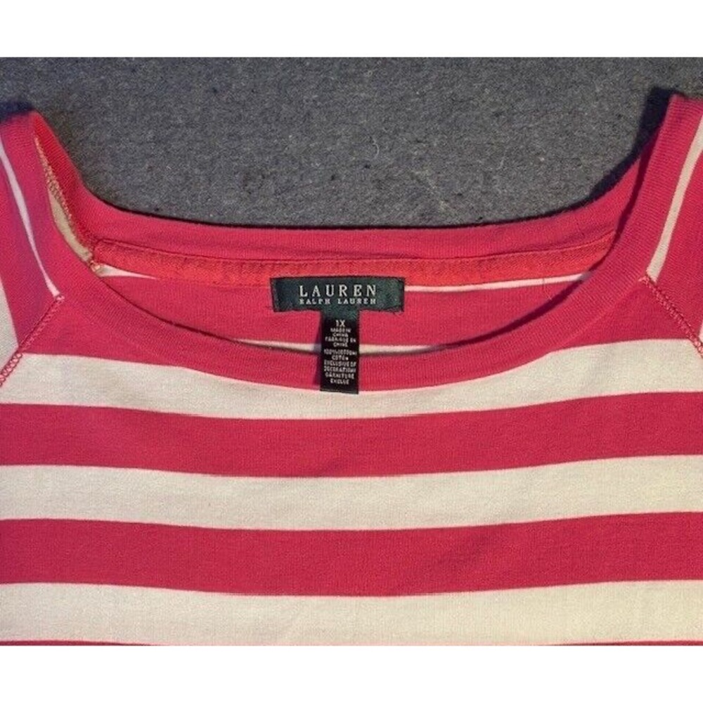 LAUREN RALPH LAUREN Women's TOP pink‎ & white 1X preppy 3/4 SLEEVE BOATNECK - Picture 4 of 6